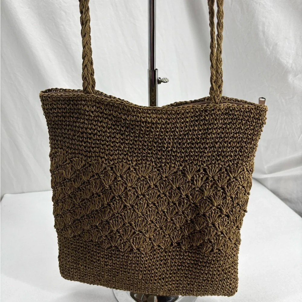 Tropical Trends Handmade Woven Straw Tote Bag Zip Top Boho Beach